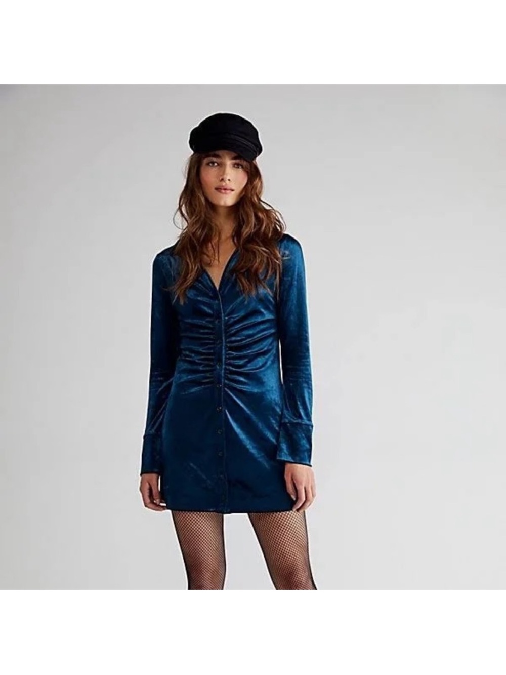 free people shayla Velvet Ruched Long-Sleeve Mini Dress color: cobalt